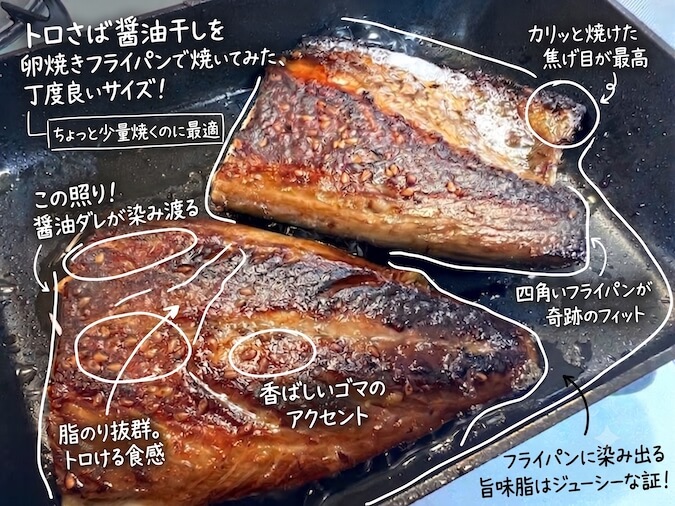 トロさば醤油干しを卵焼きフライパンで焼く 少量の干物調理は卵焼きフライパンが便利、トロさば醤油ぼしもジャストフィット