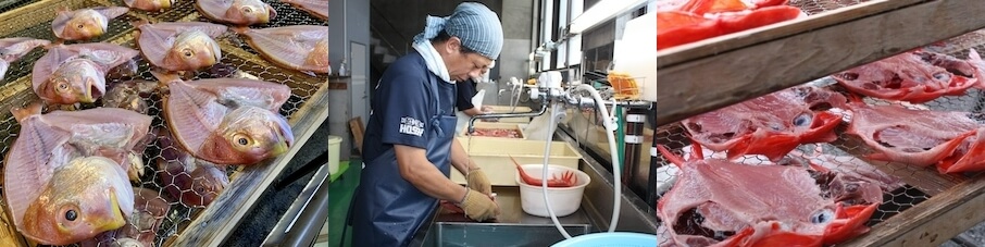 今も昔ながらの干物製法、時間をかけじっくり旨味を出します 自社工場にて様々な魚種を干物に